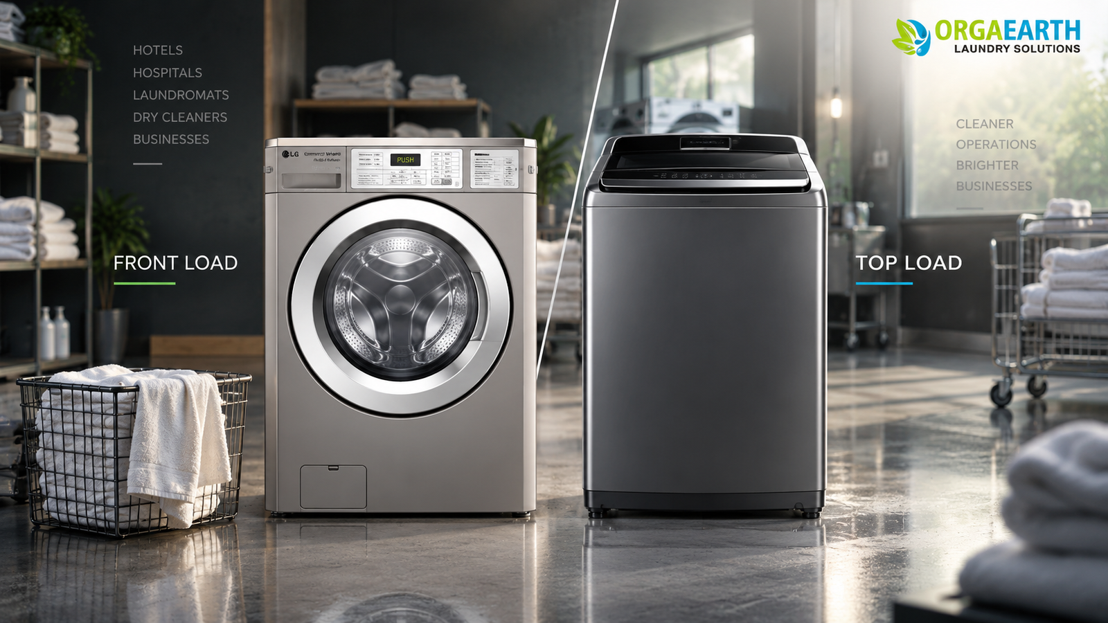 Front load vs top load washing machine comparison for a laundry business, featuring commercial laundry equipment in a professional laundry setup.
