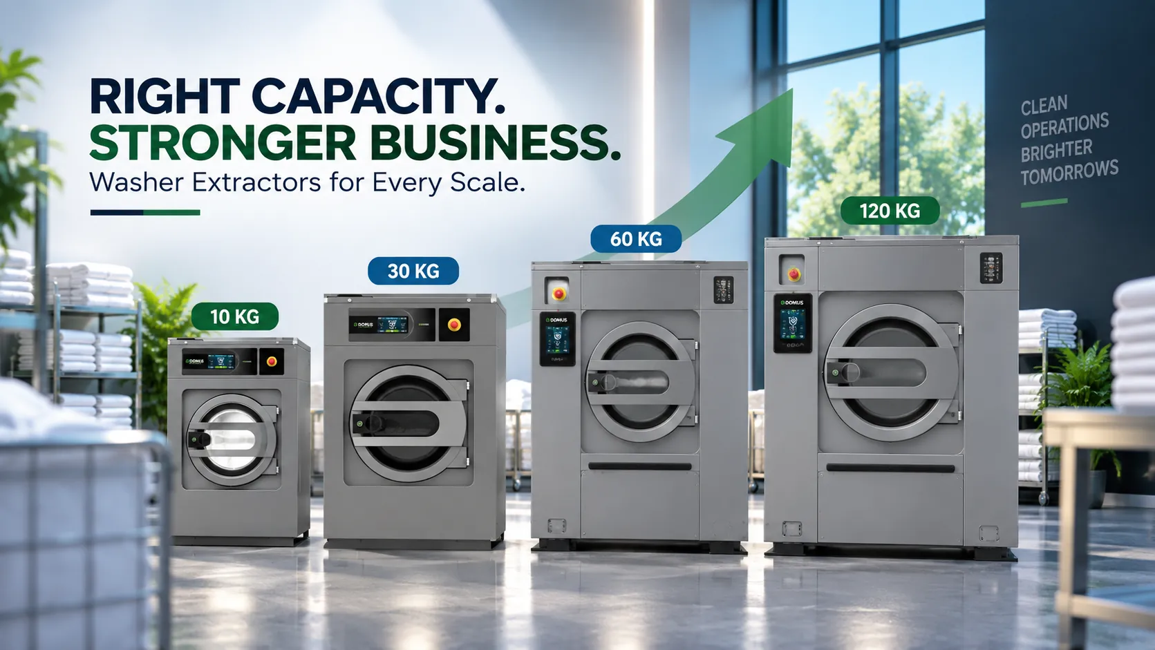 Washer extractor price in India comparison showing 10 KG, 30 KG, 60 KG and 120 KG commercial laundry machines.